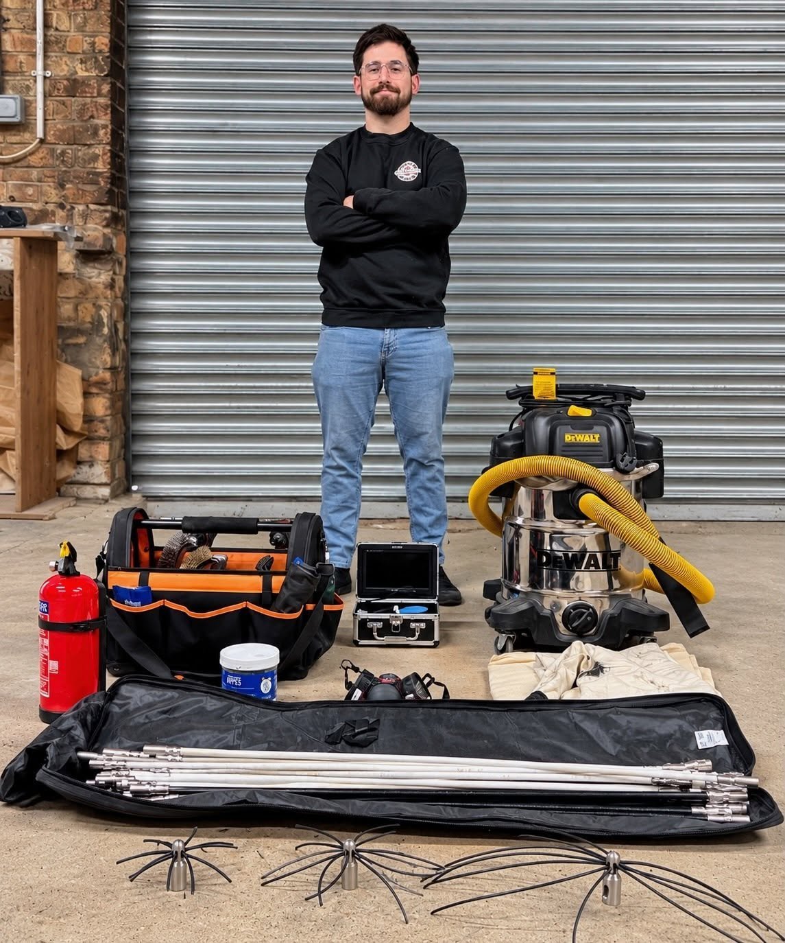 Man standing behind organized display of construction and tools including toolbag, fire extinguisher, power tools, and equipment against metal garage door